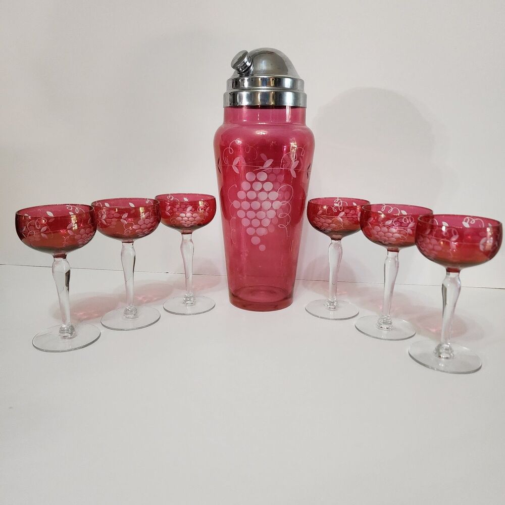 Vtg 1960s West Virginia Glass Cranberry Cocktail Shaker Set 6 Stemmed Glasses